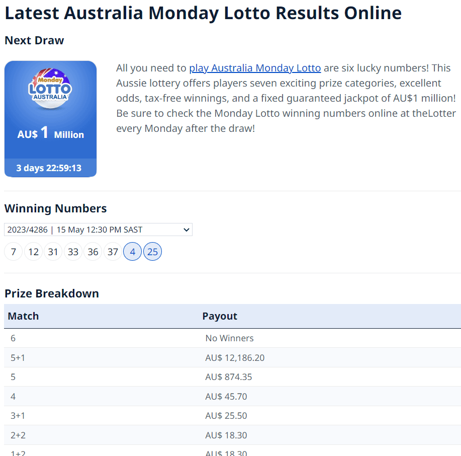Australia Monday Lotto results